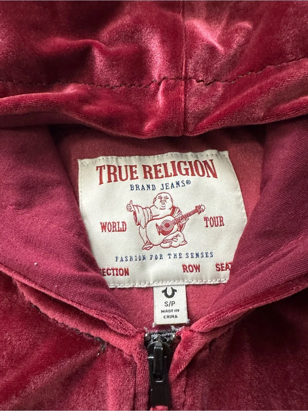 True Religion Men's Velour Zip-Up Hoodie in a deep burgundy or maroon color.